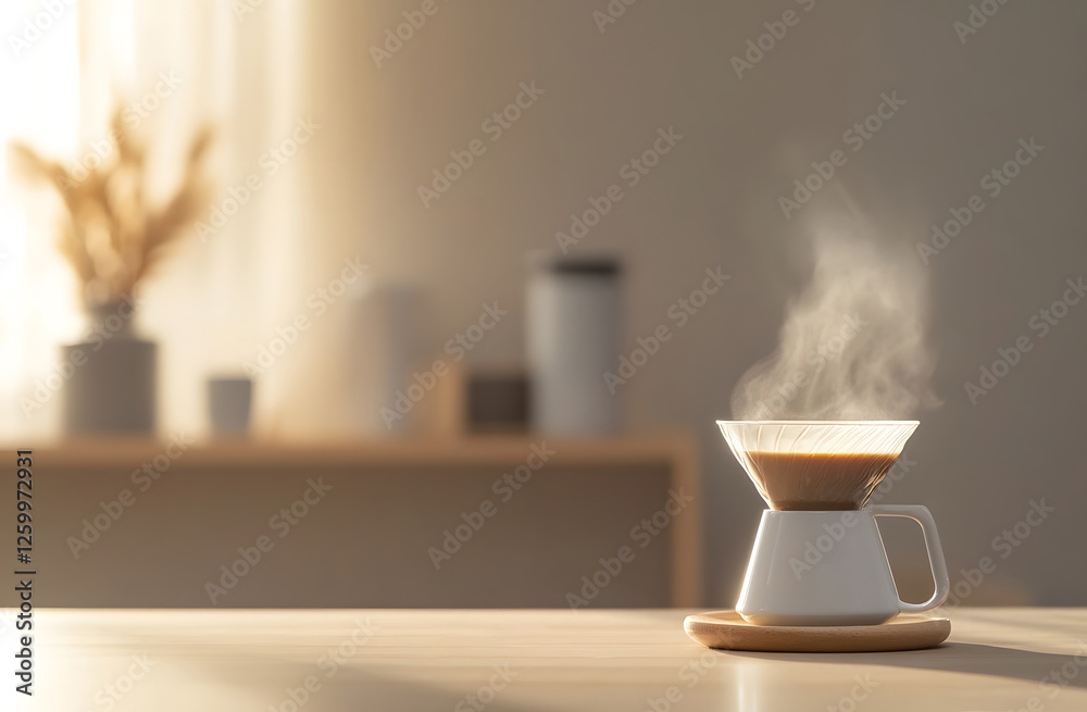 Premium Drip Coffee Setup with Steaming Cup and Dramatic Lighting Premium Drip Coffee Setup with Steaming Cup and Dramatic Lighting