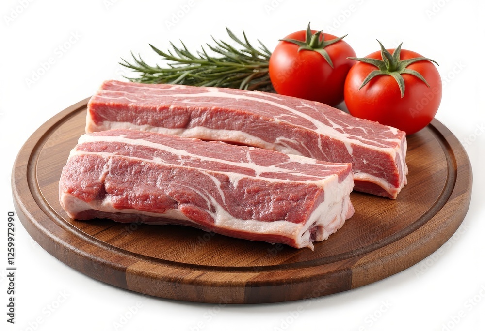 Raw Beef Steaks with Tomatoes and Rosemary on Wooden Board Raw Beef Steaks with Tomatoes and Rosemary on Wooden Board