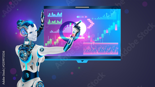 Robot AI trader analyses chart of stock exchange market. Woman robot trader education trading. Automated trading AI system. Bot trader developing trading strategy on stock exchange market. Ai fintech