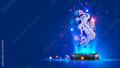 Ai neural network. Ai robot woman in the fetal position is wrapped in a neural network hovered over podium. Ai cyborg learning in cyberspace hibernation. Startup neural network. Sci-fi ai robot.
