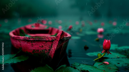 Pink Rowboat and Lotus Flowers in Rain photo