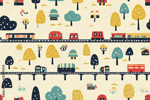 Retro pattern with small trains and a railway for children's products, patterns photo