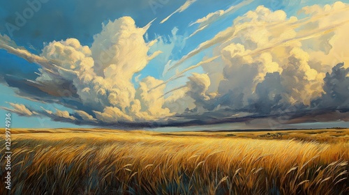 Great Plains: Golden Grass-Land under Natural Clouds in South Dakota