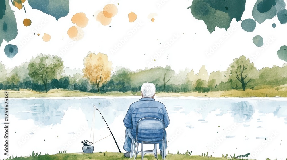 Obraz premium A serene watercolor painting of an elderly man fishing by a lake, surrounded by lush trees and vibrant nature, capturing a peaceful moment of relaxation.