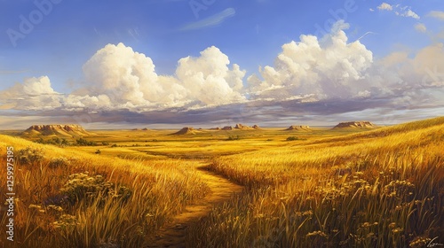 Great Plains: South Dakota Grasslands with Golden Grass and Cloud-filled Sky