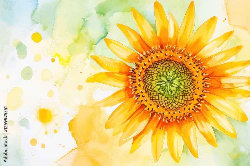 Obraz premium A vibrant sunflower blooms against a soft watercolor background, symbolizing warmth and joy, perfect for nature-themed projects or invitations.