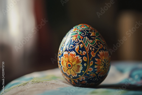 Traditional Ukrainian pysanka egg showcasing intricate floral designs and vivid colors photo