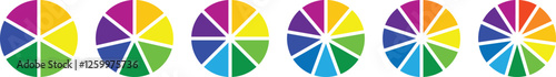 Set of pie charts diagrams. Pie chart divided 3, 4, 5, 6, 7, 8, 9, 10, 11 equal parts. Different color circles. donut and pie chart infographic elements. Colorful diagram graphs. Circle section graph.