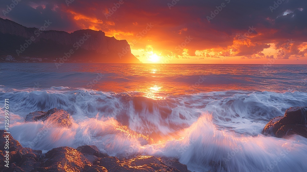 Fototapeta premium Dramatic sunset over the sea with waves crashing on rocks. Use Stock photo for nature, travel, or wallpaper