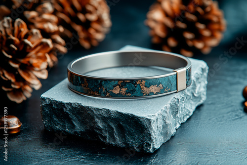 Teal and Gold Bangle Bracelet on Grey Stone Display photo