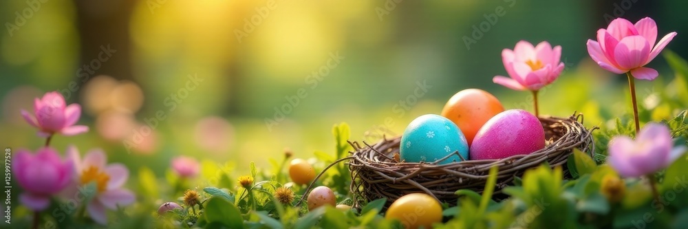 Vibrant eggs nestled in spring blooms, garden hunt , warmth, spring flowers Vibrant eggs nestled in spring blooms, garden hunt , warmth, spring flowers