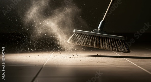 Dusty floor being swept by broom with dust particles in motion