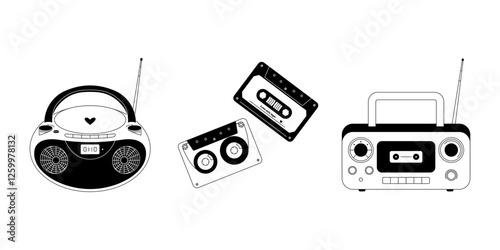 Boombox with cassette tapes. Radio player with tape recorders, retro portable analog stereo equipment with mixtapes, vintage hipster music technology devices. Vector flat set