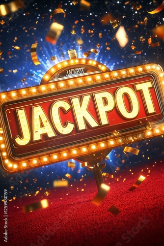 A vibrant jackpot sign glowing with bright lights and surrounded by confetti in a festive atmosphere.