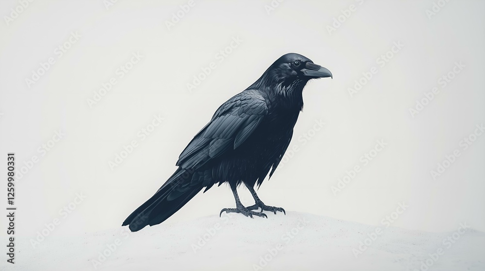 Black raven standing on a white surface with a minimalist background, showcasing its detailed feathers and sharp gaze. Black raven standing on a white surface with a minimalist background, showcasing its detailed feathers and sharp gaze.