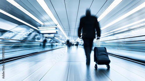Blurred Motion of a Businessman Rushing Through Airport Corridor