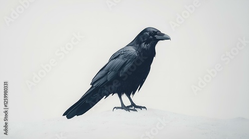 Black raven standing on a white surface with a minimalist background, showcasing its detailed feathers and sharp gaze. photo