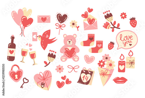 St valentines day elements. Love hearts, sweets, balloons, teddy bear and other romantic symbols. Vector illustration in flat style.