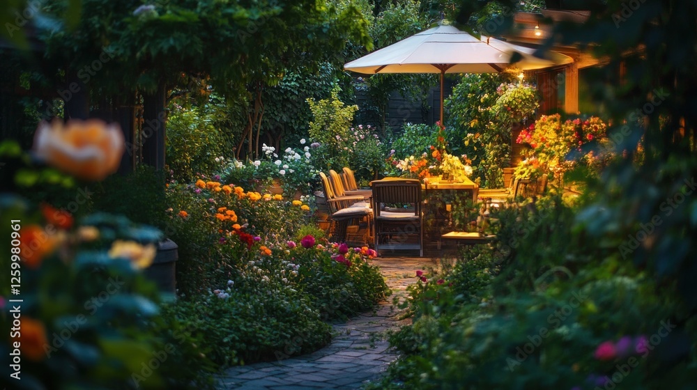 Naklejka premium Serene Evening Garden Patio: A Luxurious Outdoor Dining Experience