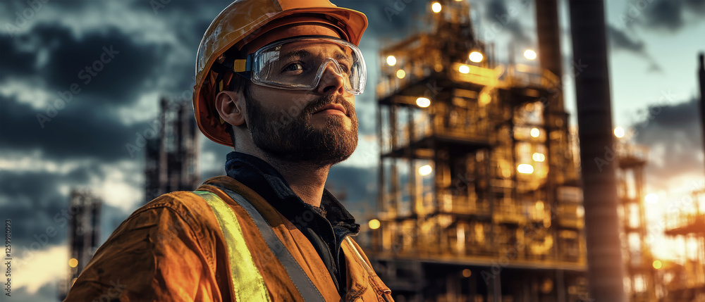 Construction worker in safety gear surveys industrial site at sunset highlighting dedication and hard work Construction worker in safety gear surveys industrial site at sunset highlighting dedication and hard work
