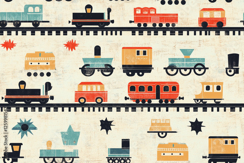 Retro pattern with small trains and a railway for children's products, patterns photo