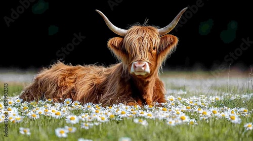 Highland cow resting in daisy field, sunny day photo