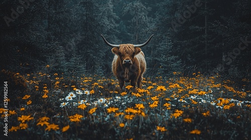 Highland Cow in Wildflower Meadow, Forest Background; Nature Photography