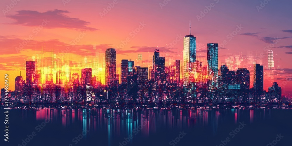 Fototapeta premium City skyline with glowing lights reflected in the water