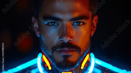 Futuristic Portrait of Man with Neon Lights and Serious Expression