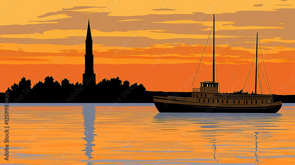 Naklejka premium Sunset sailboat journey tranquil waterway digital art serene landscape wide angle adventure