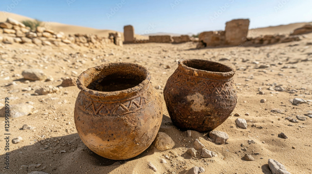 Weathered Clay Jars and Bowls on a Desert Landscape Under a Clear Blue Sky Weathered Clay Jars and Bowls on a Desert Landscape Under a Clear Blue Sky