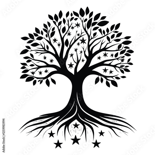 Celestial tree illustration with intricate stars and roots in minimalist style