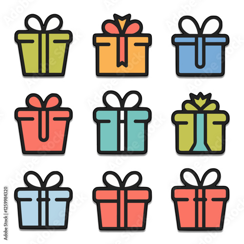Birthday and holiday gift icons featuring decorative bows. Collection of festive gift box graphics for celebrations