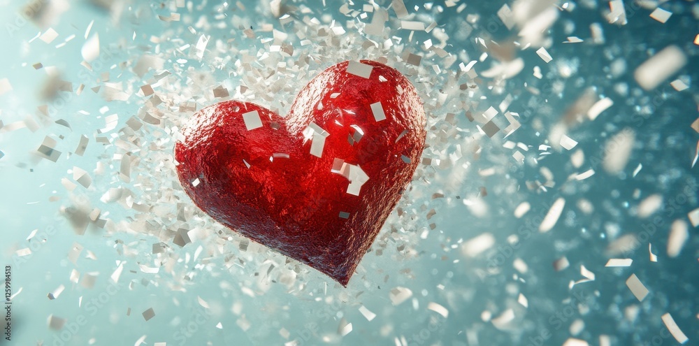Fototapeta premium Sparkling heart surrounded by confetti floating on a blue background