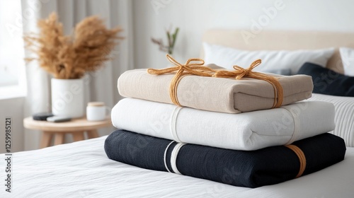 Cozy bedroom featuring neatly stacked blankets with natural decor creating a serene atmosphere and inviting comfort. Generative AI