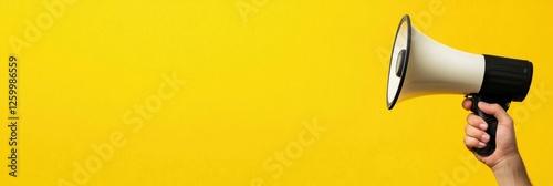 Hand holding megaphone against yellow background.