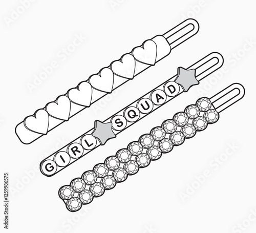 Barrettes for girls vector mockup template technical flat design.