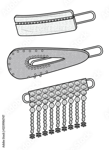 Sparkling crystal hair barrettes design technical flat sketch vector mockup template.