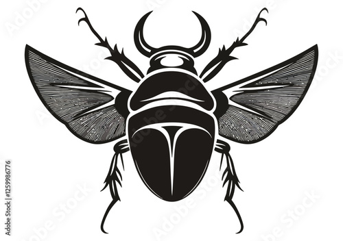 Stylized scarab beetle with geometric wings and tribal black linework