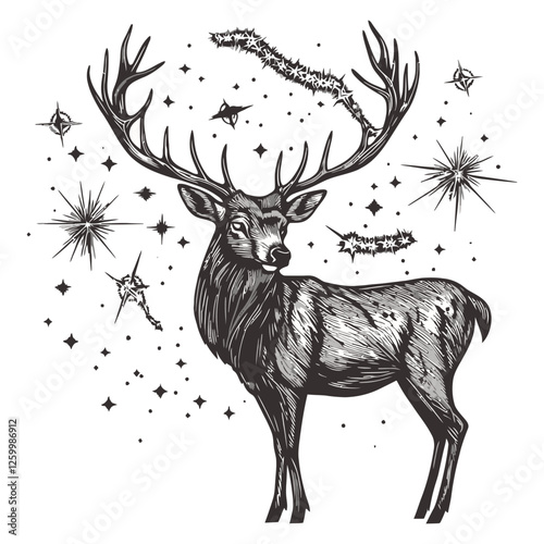 Cosmic stag with constellations in body and starry antlers illustration