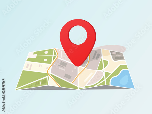 Folded maps navigation, red pin location icon on building city street roads design background, eps 10 vector illustration