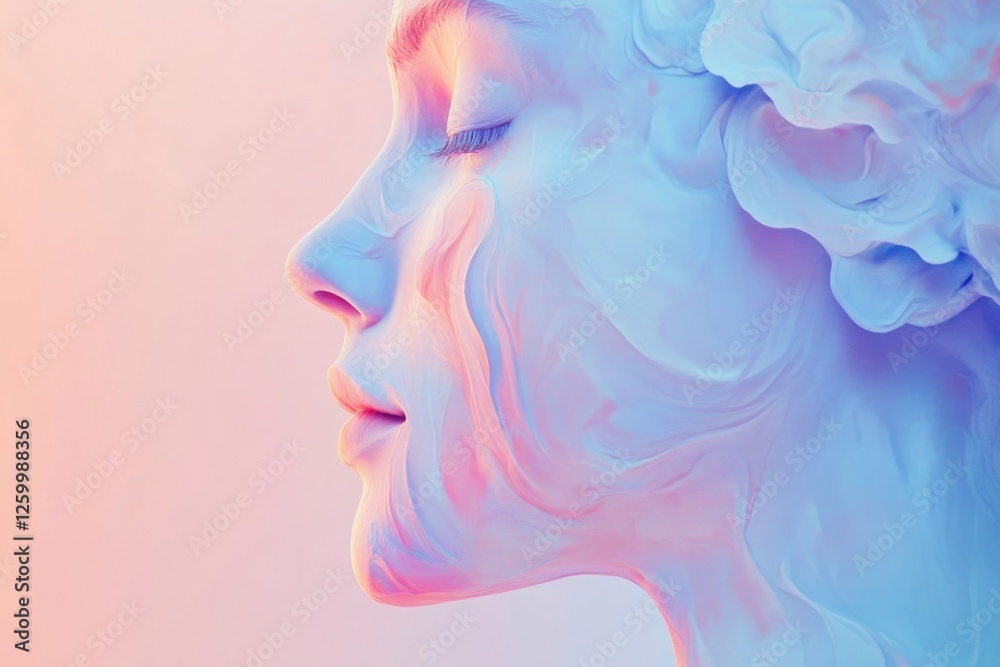 Female profile portrait with ethereal, dreamlike elements. Blend of watercolor paint and photographic texture.