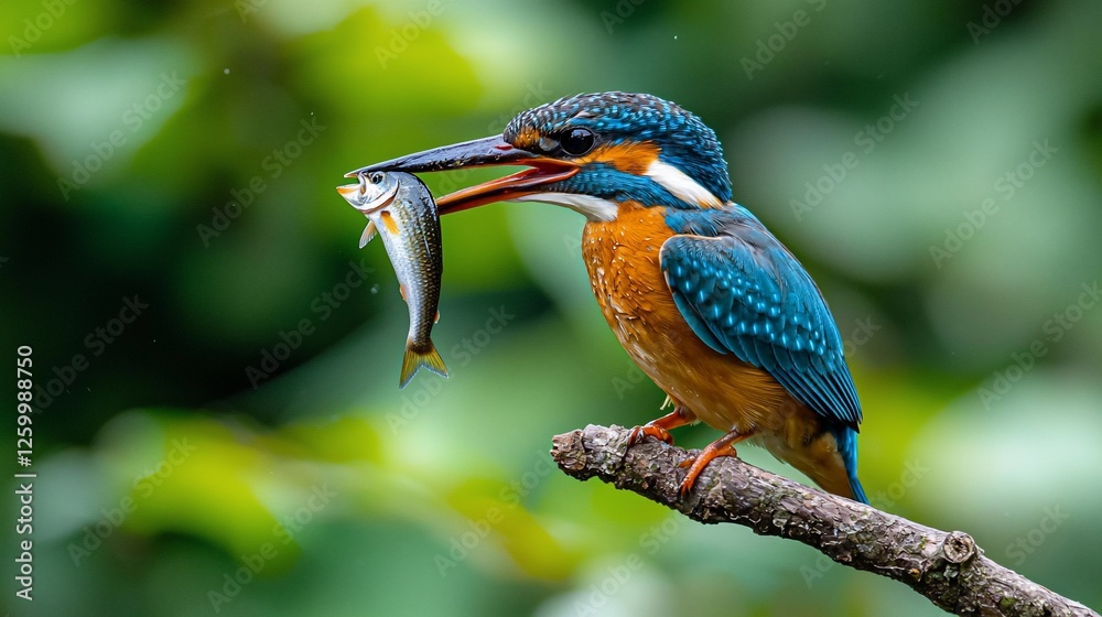 Fototapeta premium Kingfisher catching fish, forest background, nature wildlife photography, website banner