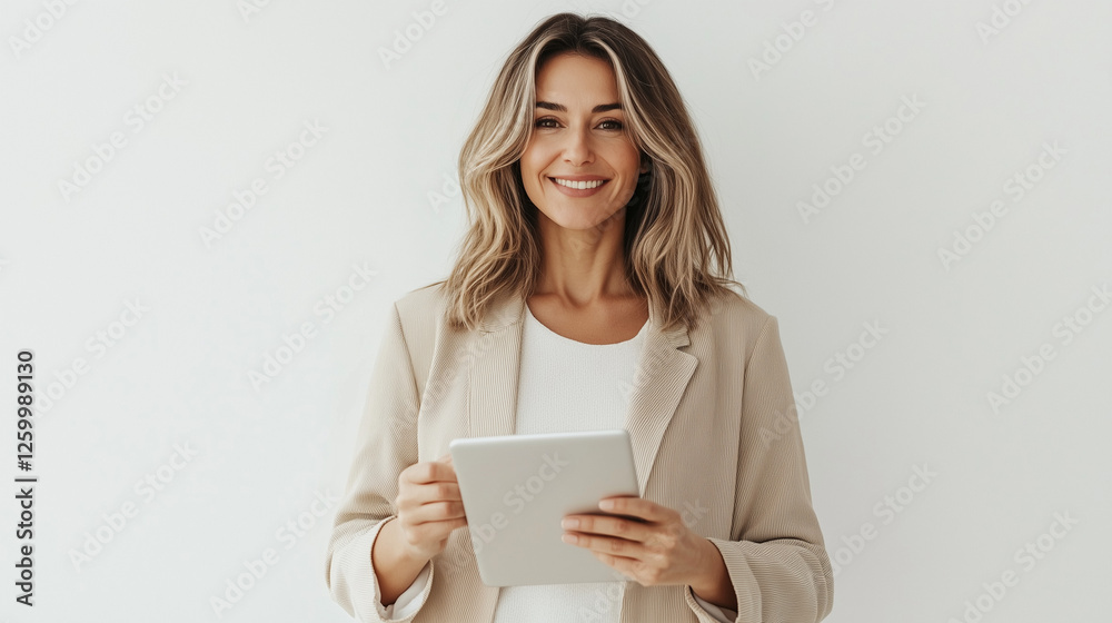 business woman holding tablet, marketing photography, happy to sell you a product, standing, smiling business woman holding tablet, marketing photography, happy to sell you a product, standing, smiling