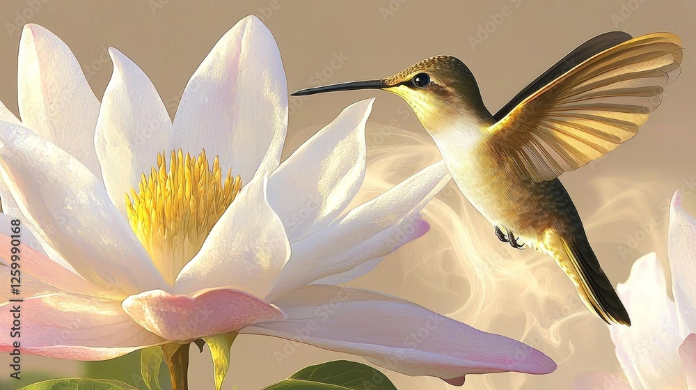 Obraz premium Hummingbird in Flight Near a Lotus Flower Nature Scene Close-Up View Tranquil Environment Beauty of Nature