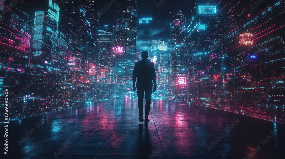 Futuristic cityscape with a silhouetted figure walking through neon lights Futuristic cityscape with a silhouetted figure walking through neon lights