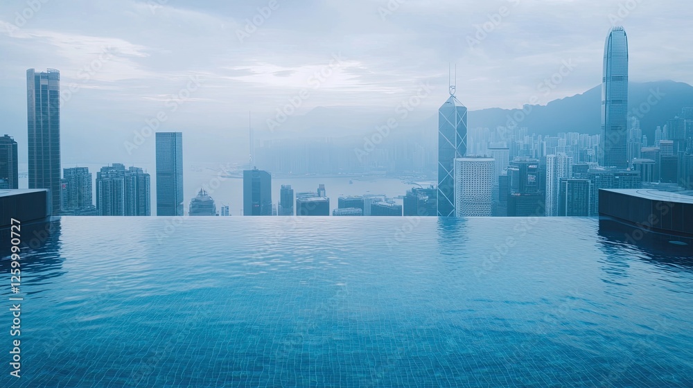 Rooftop infinity pool overlooking hazy city skyline Rooftop infinity pool overlooking hazy city skyline