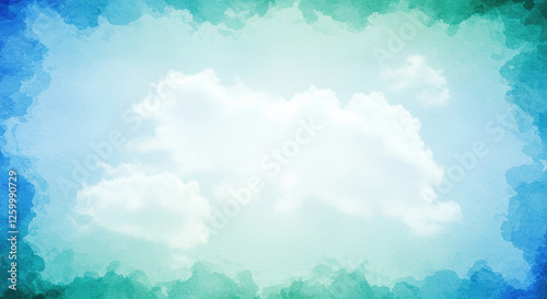Blue green watercolor background with white cloudy center and abstract watercolor sky border design texture