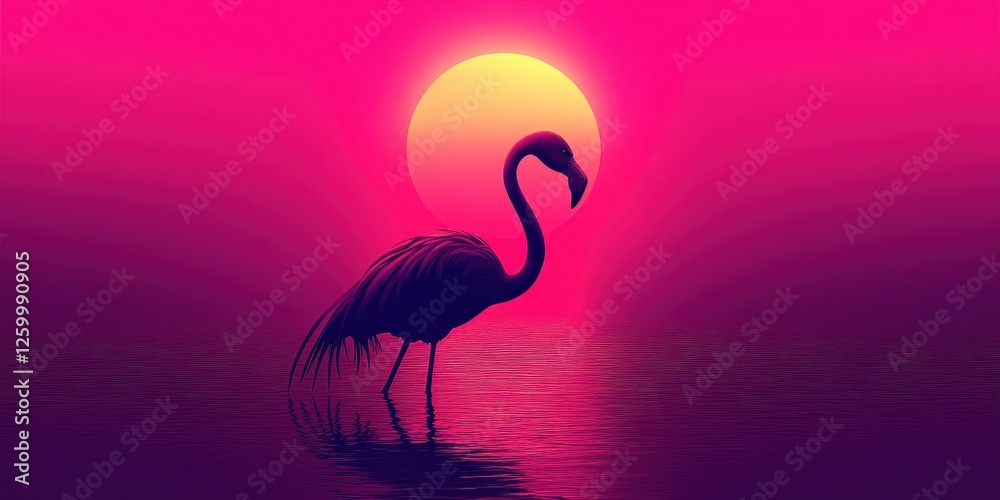 Fototapeta premium Silhouette of flamingo stands peacefully at sunset by water