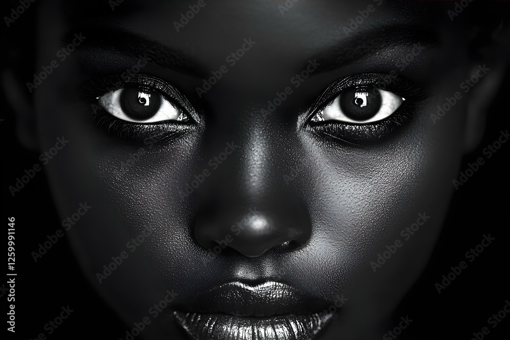 Fototapeta premium A close-up portrait of a person with striking features and intense eyes, captured in high contrast, highlighting skin texture. Concept Close-Up Portrait, Striking Features, Intense Eyes